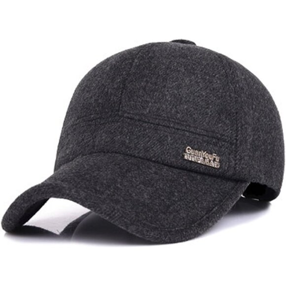 🆕 Men Black Baseball Cap Winter Warm Wool Tweed Peaked Fold Earmuff Jacket Hat - Picture 1 of 6